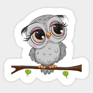 Cute grey owl sitting on a branch Sticker